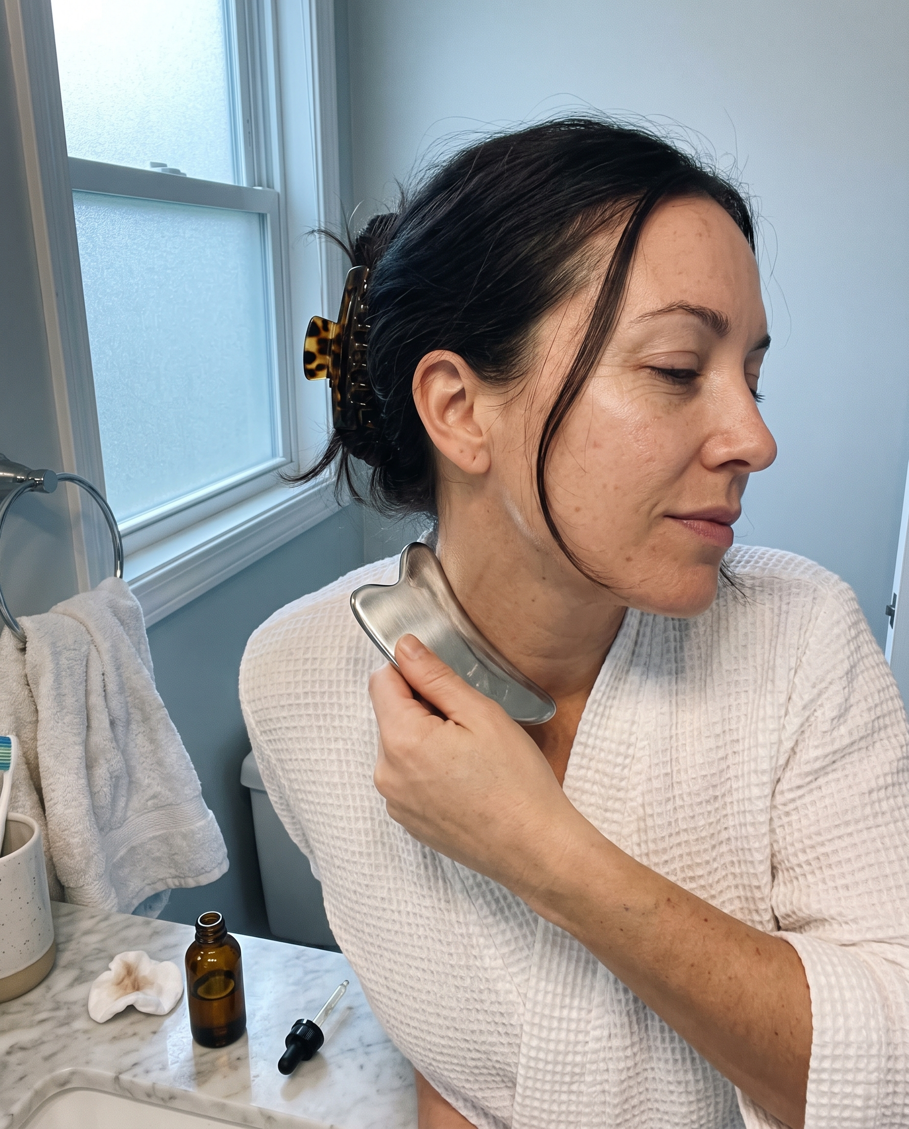 AI creative (placeholder) — morning jaw-to-collarbone stroke with the steel tool.