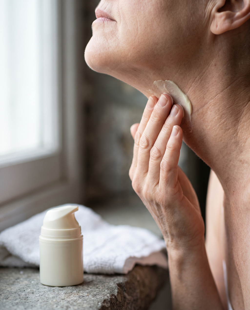 AI creative (placeholder) — applying cream to the neck after the 10-minute session.