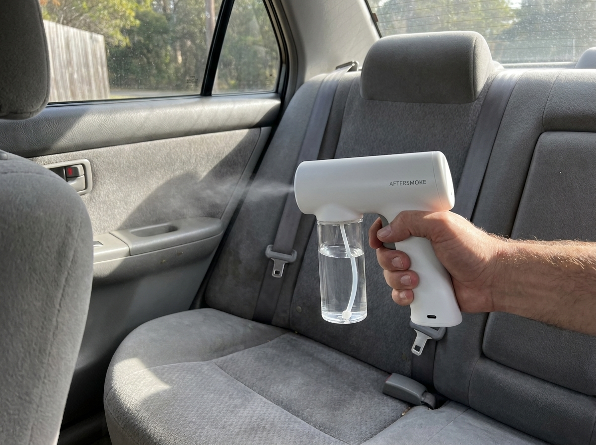 Misting a car's fabric rear seat with the Aftersmoke applicator