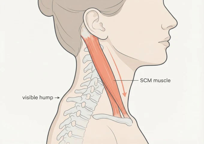 3D render — the SCM muscle, a tight cable from behind the ear to the collarbone